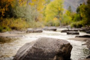Rocky mountain river with a large boulder in the foreground and golden autumn trees in the background